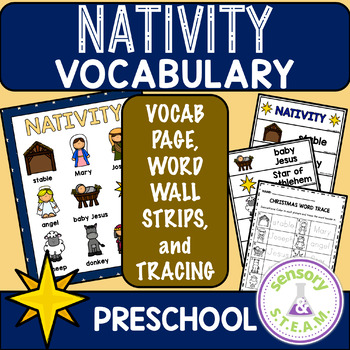 Preview of NATIVITY CHRISTMAS VOCABULARY PAGE word wall pocket charts tracing |  Baby Jesus