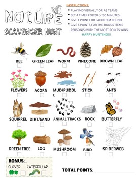 Preview of NATURE SCAVENGER HUNT, Outdoor activity, Outdoor Game, Printable Game