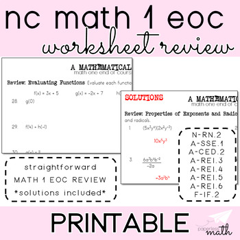 Preview of NC MATH 1 EOC Review Worksheet