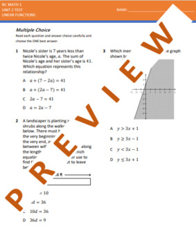 Preview of NC Math 1 Unit 2 Test: Linear Functions