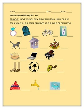 Preview of NEEDS AND WANTS QUIZ  GRADES K-3