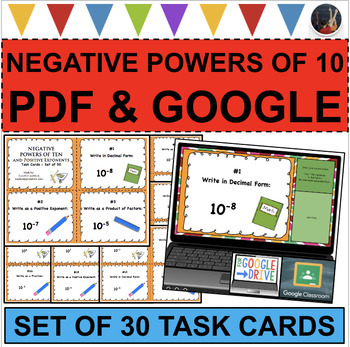 Preview of NEGATIVE POWERS OF TEN 10 Test Prep Review 30 Task Cards (PDF & GOOGLE SLIDES)