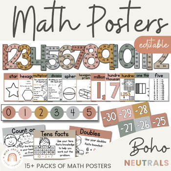Preview of NEUTRAL Toned Math Posters Bundle | Boho Color Palette | Neutral Classroom Decor
