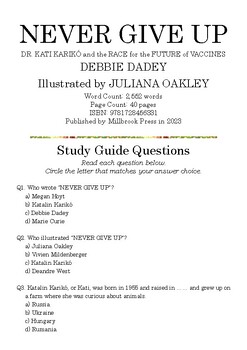 Preview of NEVER GIVE UP: DR. KATI KARIKÓ by DEBBIE DADEY; Multiple-Choice Quiz