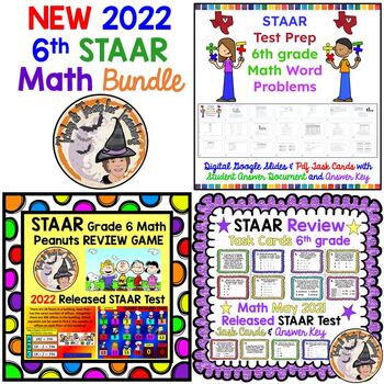 Preview of NEW 2023 6th grade Math STAAR Test Prep BUNDLE Task Cards Powerpoint Game + KEY