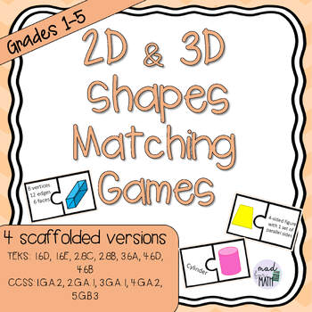 Preview of 2D & 3D Shapes Matching Games or Centers 4 Versions! Grades 1-5