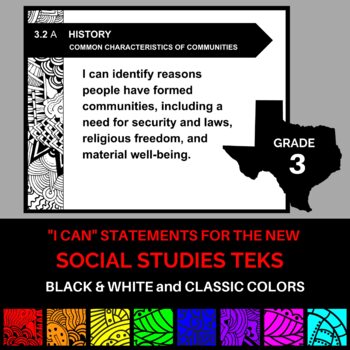 Preview of NEW 3rd Grade Texas Social Studies TEKS I Can Statements Texas Third Grade