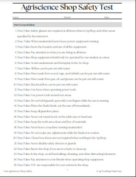 Preview of NEW Agriscience Shop Safety Review and Test Set w/ Answer Keys