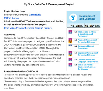 Preview of NEW CED 2024 AP Psychology Unit 3 Learning & Development Sock Baby Book Project