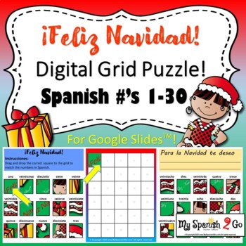 Preview of NEW!  Christmas Digital Drag-and-Drop Grid Assignment!  Spanish Numbers 1-30.