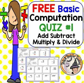 Preview of FREE MATH Add Subtract Multiply Divide Basic Computation Quiz #1 + KEY + DIGITAL