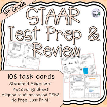 Preview of 5th Grade Math STAAR Review Test Prep Task Cards with Standard Alignment Sheet