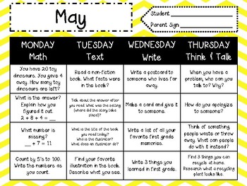 monthly homework calendar first grade