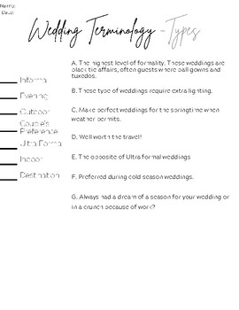 NEW! Wedding worksheets -Types & Terminology by Ag Teacher Life | TPT