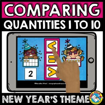 Preview of NEW YEAR ACTIVITY KINDERGARTEN COMPARING NUMBERS TO 10 BOOM CARD JANUARY MATH