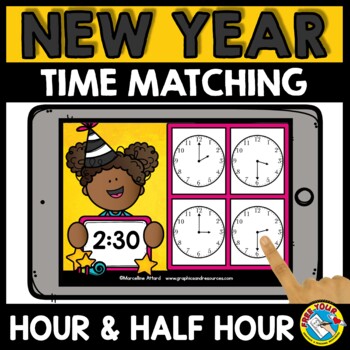 Preview of NEW YEAR BOOM CARDS MATH ACTIVITY 1ST GRADE TELL TIME TO THE HOUR & HALF HOUR