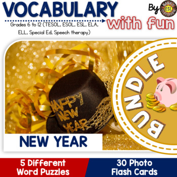 Preview of New Year Activities 5 Word Puzzles and 30 Photo Flash Cards BUNDLE
