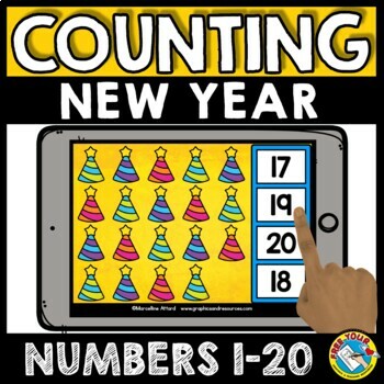 Preview of NEW YEAR MATH BOOM CARDS JANUARY MORNING WORK ACTIVITY KINDERGARTEN COUNT TO 20