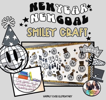 Preview of SMILEY NEW YEARS Bulletin Board Kit | New Year New Goals Writing and Craft
