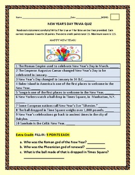 Preview of NEW YEAR'S DAY TRIVIA QUIZ: FOR STAFF & STUDENTS! HAVE FUN! 3 Extra Credit Q.