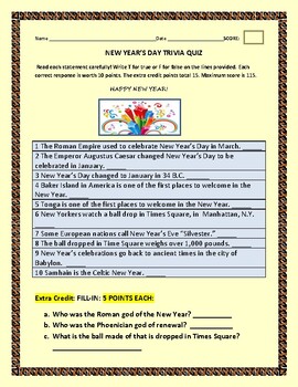 NEW YEAR'S DAY TRIVIA QUIZ: FOR STAFF & STUDENTS! HAVE FUN! 3 Extra ...