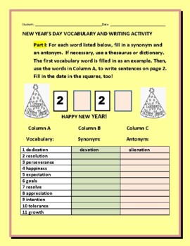 Preview of NEW YEAR'S DAY VOCABULARY & WRITING ACTIVITY: GRS. 3-6, ELA & ESL