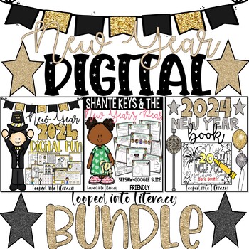Preview of 2024 NEW YEAR'S DIGITAL GOOGLE SLIDES SEESAW PRINTABLE BUNDLE BOOK STUDY