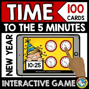 Preview of NEW YEAR TELLING TIME TO THE NEAREST 5 MINUTES BOOM CARDS JANUARY MATH DIGITAL