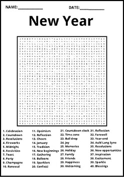 Preview of NEW YEAR VOCABULARY Word Search Puzzle Middle School Fun Activity