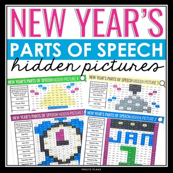 Preview of New Year's Parts of Speech Activity - Coloring Hidden Holiday Mystery Pictures