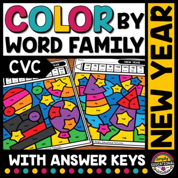 Preview of NEW YEARS ACTIVITY COLOR BY CVC WORD WORKSHEET PHONICS READ COLORING PAGES SHEET