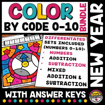 Preview of NEW YEARS MATH ACTIVITY COLOR BY NUMBER ADDITION & SUBTRACTION TO 10 WORKSHEETS