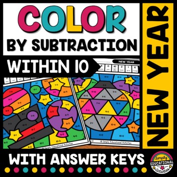 Preview of NEW YEARS MATH ACTIVITY COLOR BY NUMBER SUBTRACTION TO 10 WORKSHEETS COLORING