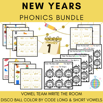 Preview of NEW YEARS PHONICS BUNDLE | LONG AND SHORT VOWELS | VOWEL TEAMS