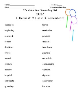 new year resolutions vocabulary dictionary activity by d