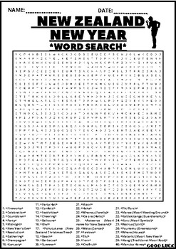 Preview of NEW ZEALAND NEW YEAR WORD SEARCH Puzzle Middle School Fun Activity Vocabulary