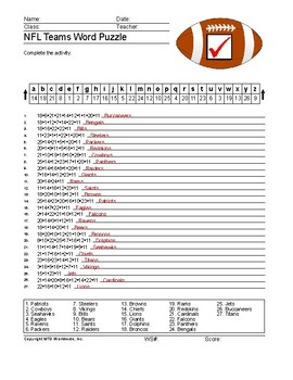 Word Search - NFL football teams; coloring page & KEY (could use in SUB  PLAN?)