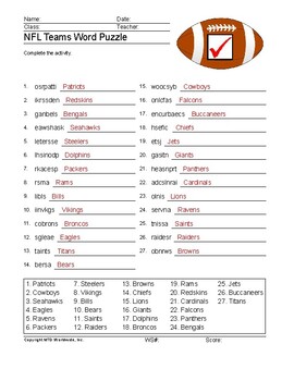 NFL Teams Word Search and Vocabulary Puzzle Worksheets by Lesson Machine