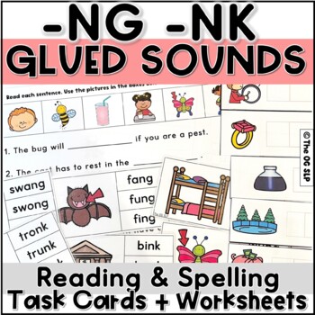 Preview of NG NK Glued Sounds / Welded Sounds Reading Task Cards and Spelling Worksheets