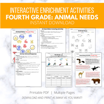 Preview of NGSS 4th Grade Animal Needs Worksheets - Interactive & Engaging Activities