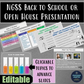 Preview of NGSS Back to School Open House or Curriculum Night Google Slides Editable