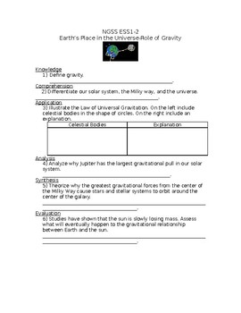 Preview of NGSS MS ESS1-2 Earth’s Place in the Universe-Role of Gravity Worksheet with Key