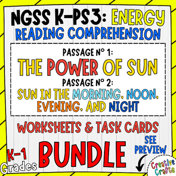 Preview of NGSS K-PS3: The Energy of Sun Reading Task Cards and Worksheets MEGA BUNDLE
