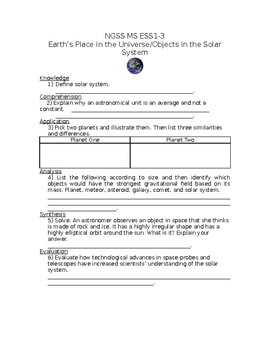 Preview of NGSS MS ESS1-3 Earth’s Place in the Universe/Objects in the Solar System WS