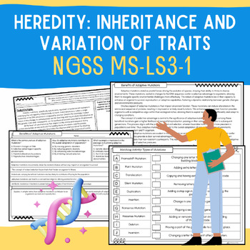 Preview of NGSS MS-LS3-1 Heredity: Mutations & Traits Informational Text & Worksheets