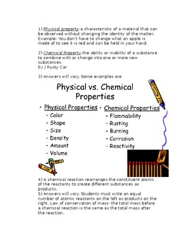 NGSS MS PS1-2 Physical and Chemical Properties Worksheet with Answer Key