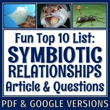 Preview of Symbiosis Reading Article and Worksheet with Top 10 Weird Symbiotic Examples