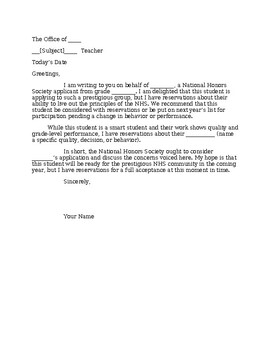 Preview of NHS Letter of Recommendation with Reservations Concerned Teacher Letter