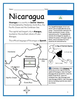 Preview of Introduce Nicaragua Printable Map Activity and Reading Comprehension Questions