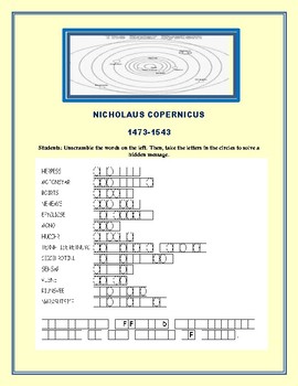 Preview of NICHOLAUS COPERNICUS: A BIOGRAPHICAL SCIENCE JUMBLE/ W ANSWER KEY